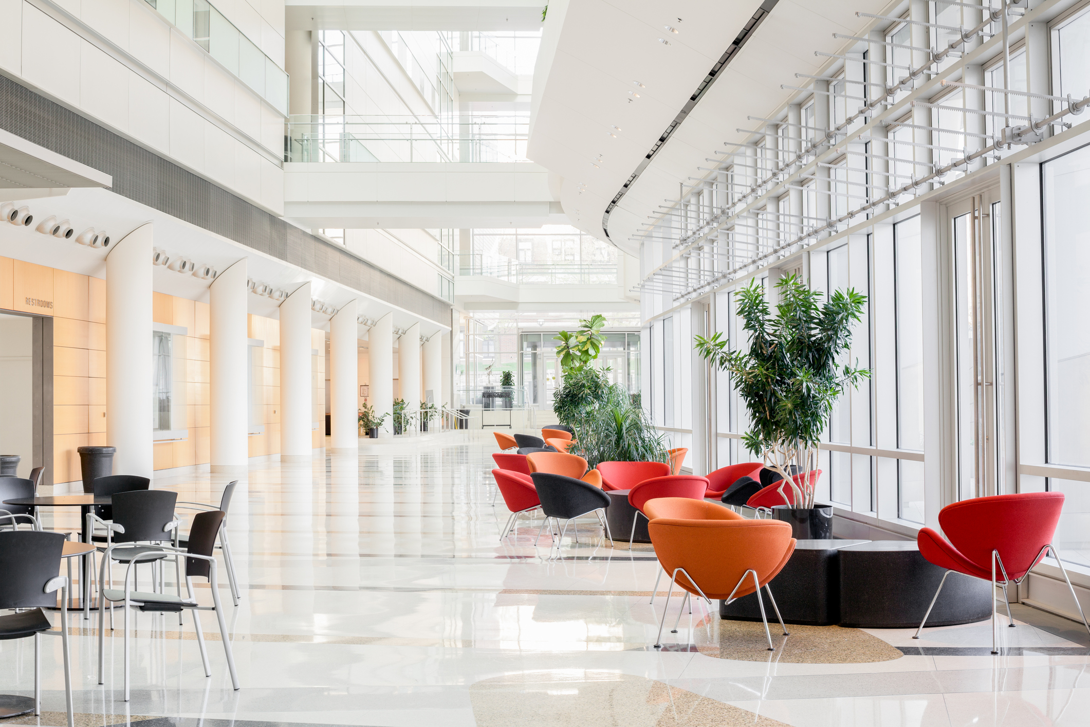 Modern Office Lobby Wedlake Bell   WB Glass Atrium Red Chairs 